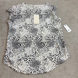 Joie Nell‎ Linen Top Medium Porcelain Animal Print Black White Blouse NWT $118